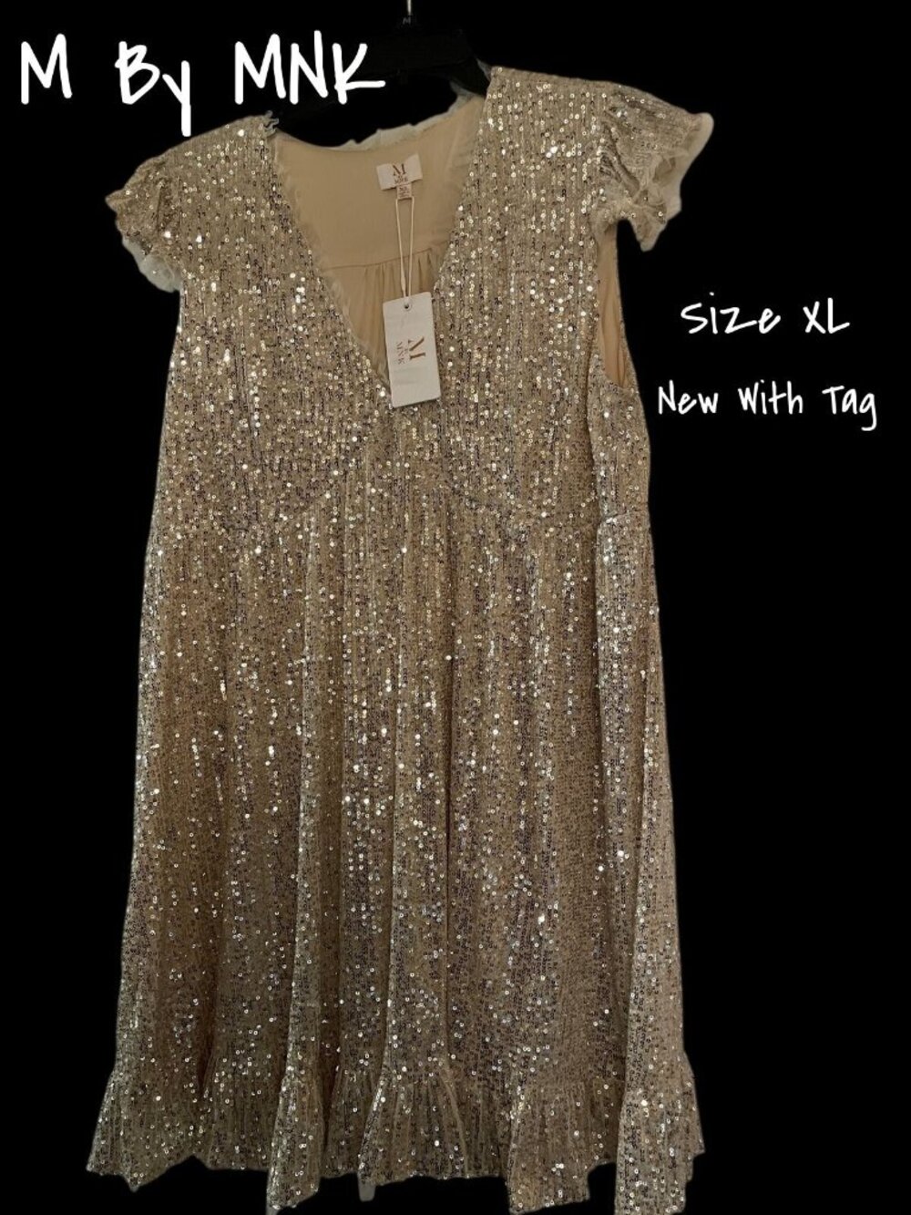 M By MNK Sequin Baby Doll Dress V Neck Women's Size XL - New With Tag - Picture 2 of 4